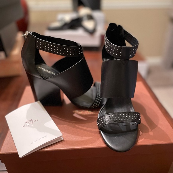 Coach Dessa Studded Block Heeled Sandals - Semi Matte Black Leather 8.5 - Picture 6 of 7